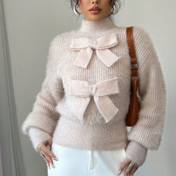 Apricot Casual Women's Stand Collar Bow Decor Sweater - Picture 5 of 7